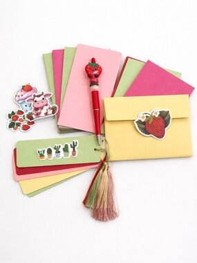 Cute Strawberry Stationery Gift Bundle – Pen, Cards, Bookmarks & Stickers